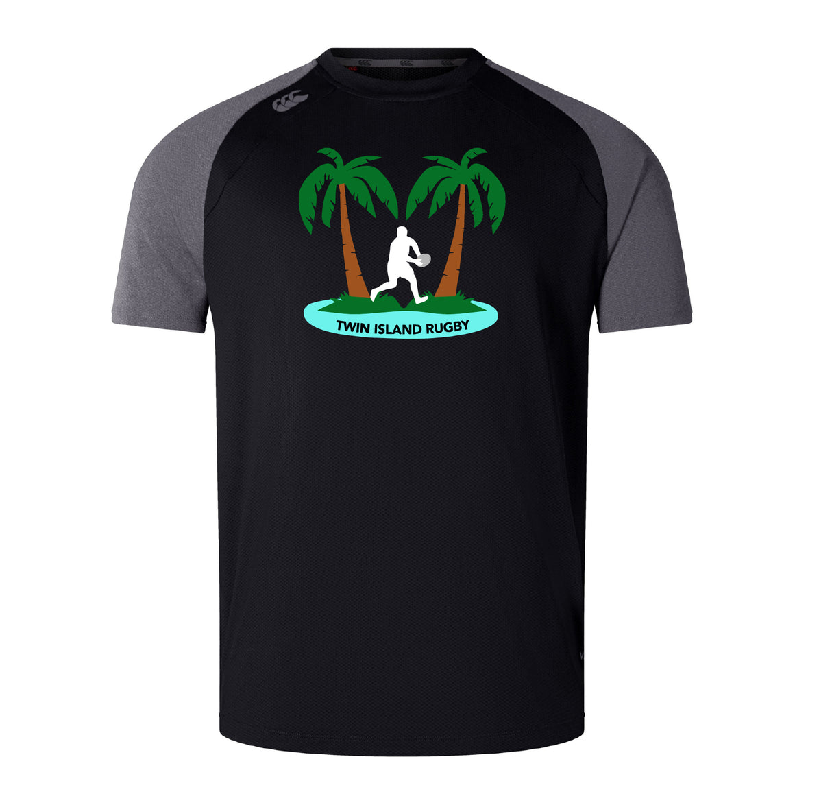 The Twin Island Rugby Elite Training Tee by WRS Canterbury features black and gray short sleeves, a rugby player and palm trees logo, and offers lightweight durability inspired by the Canterbury Elite Training Tee.