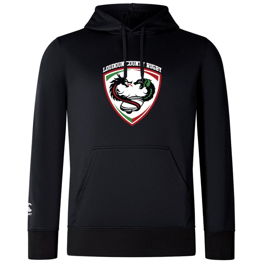 The Loudoun Club Lightweight Hoodie by WRS Canterbury is a black, lightweight hoodie featuring the "Loudoun County Rugby" logo in a white, green, and red design on the chest. With a convenient kangaroo pocket for carrying essentials, it offers both comfort and style for any fan.
