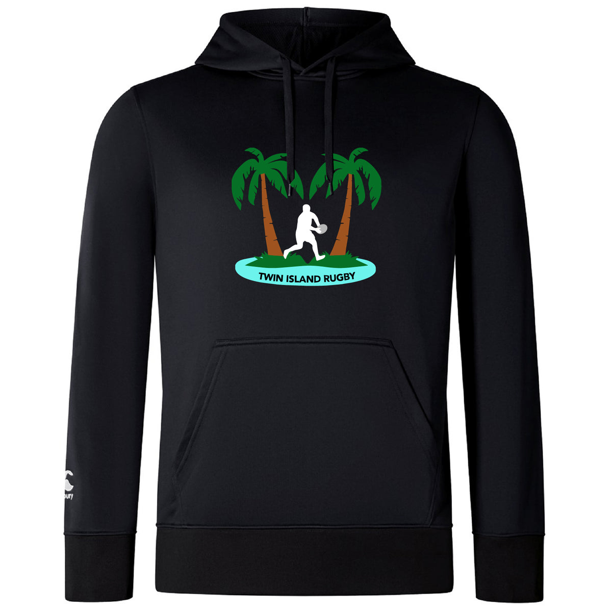 The Twin Island Rugby Club Lightweight Hoodie by WRS Canterbury features two palm trees, a rugby player silhouette, and "TWIN ISLAND RUGBY" on the front, plus a comfy kangaroo pocket for added style.