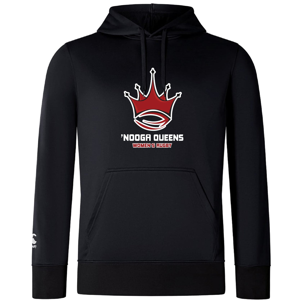 The Chattanooga Queens Rugby Club Lightweight Hoodie by WRS Canterbury features a red crown logo above “NOOGA QUEENS WOMEN'S RUGBY” on the front, with a small sleeve logo and classic kangaroo pocket for comfort.