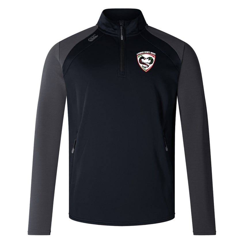The Loudoun Women's Elite First Layer by EMB Canterbury is a black and gray sports jacket made from honeycomb fabric, featuring a quarter-zip and the Elite First Layer logo on the left chest.