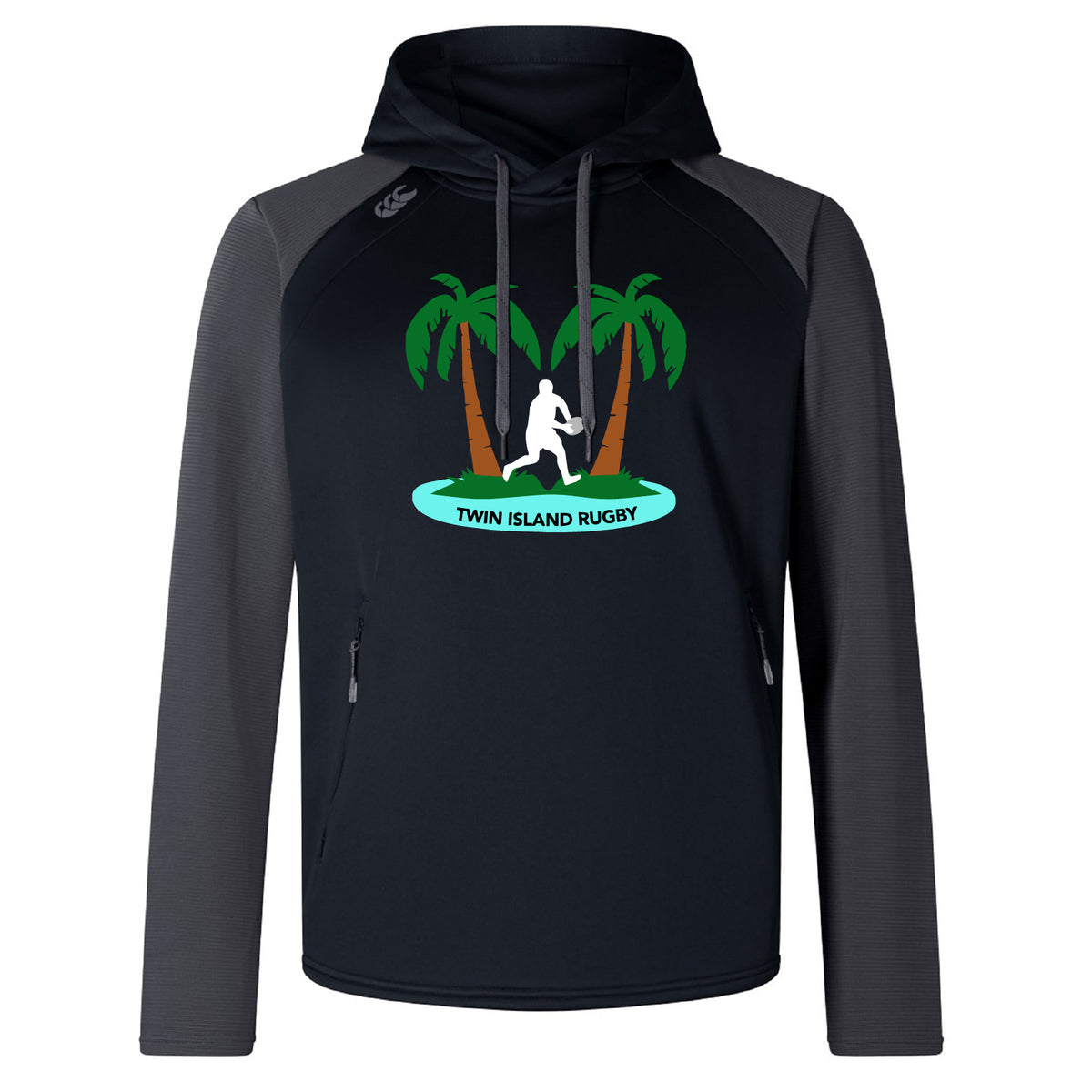 The Twin Island Rugby Elite Training Hoody by WRS Canterbury features black and gray colors, a rugby player silhouette, palm trees, and "Twin Island Rugby" text—ideal for fans of premium sportswear.