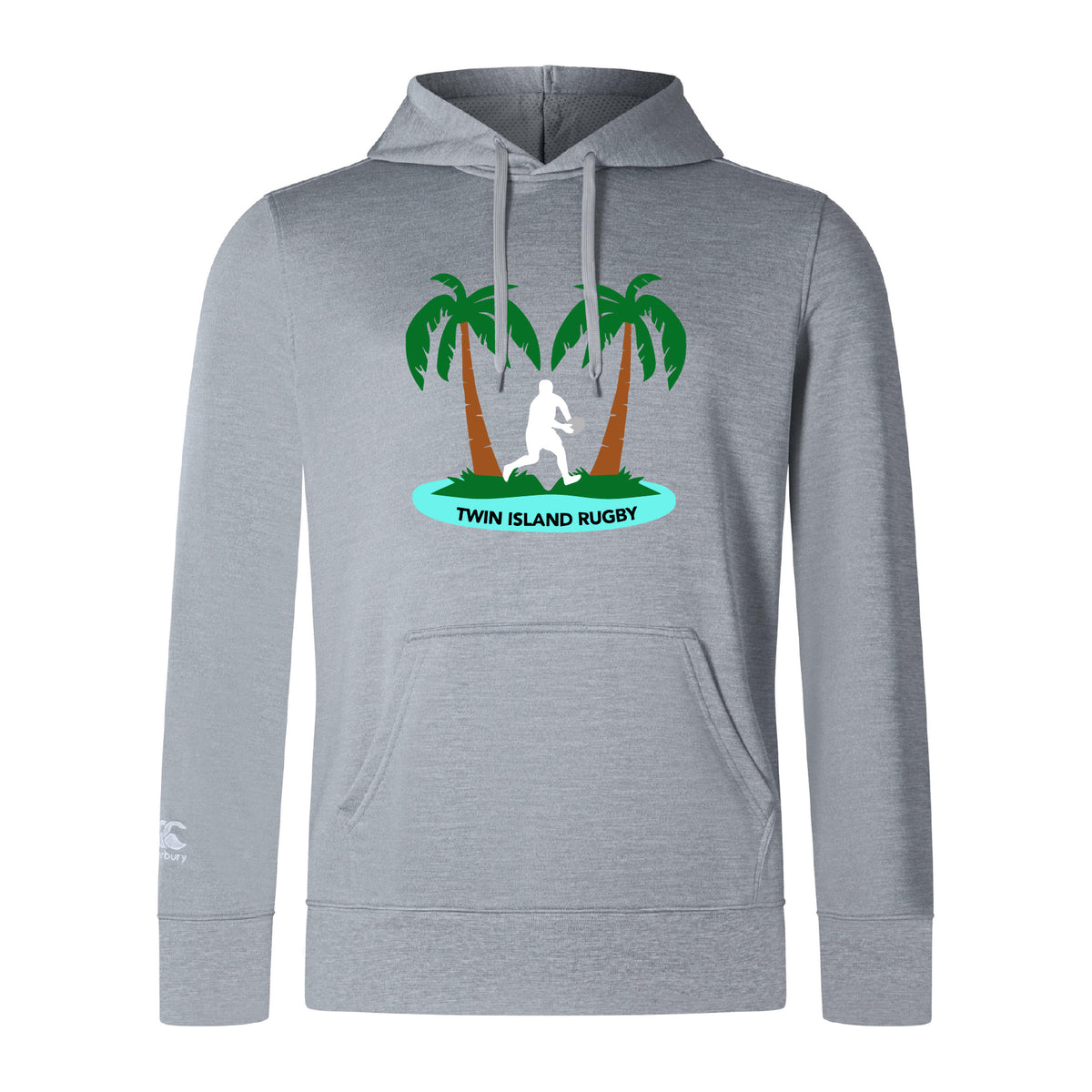 The Twin Island Rugby Club Lightweight Hoodie by WRS Canterbury features a gray design with two palm trees, a rugby player silhouette, "TWIN ISLAND RUGBY" text on the front, and a classic kangaroo pocket for comfort.