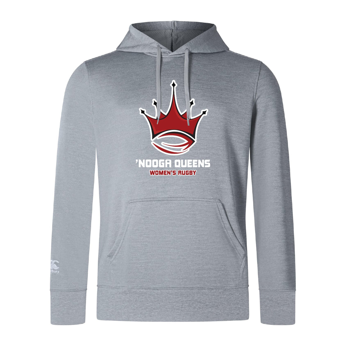 The WRS Canterbury Chattanooga Queens Rugby Club Lightweight Hoodie features a red and white crown with a rugby ball, "'NOOGA QUEENS WOMEN'S RUGBY" on the front, light gray fabric, and a cozy kangaroo pocket for comfort.
