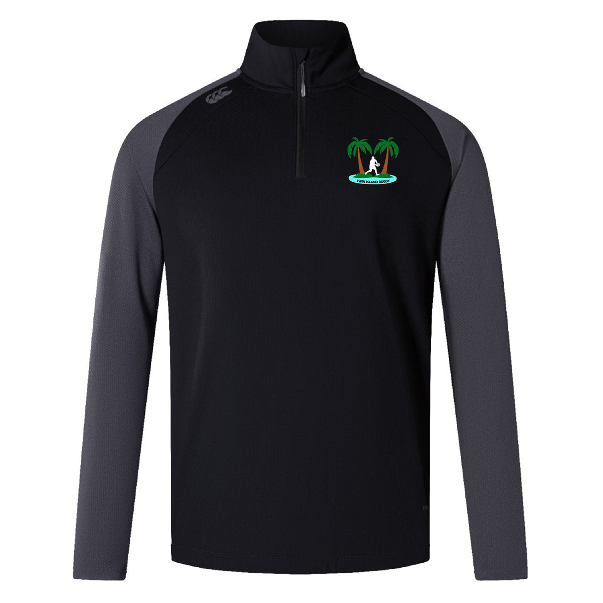 The EMB Canterbury Twin Island Rugby Elite First Layer is a black and dark gray long-sleeve quarter-zip pullover with a small palm tree and surfboard logo, designed by Canterbury for quick-drying performance on and off the field.