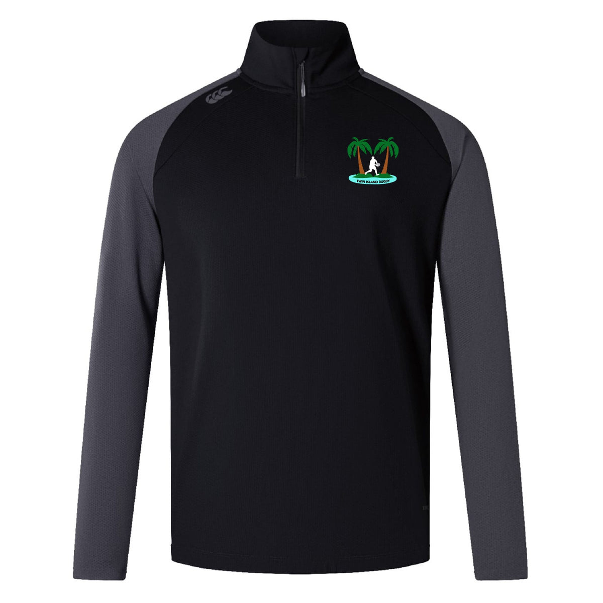 The EMB Canterbury Twin Island Rugby Elite First Layer is a black and dark gray long-sleeve quarter-zip pullover with a small palm tree and surfboard logo, designed by Canterbury for quick-drying performance on and off the field.