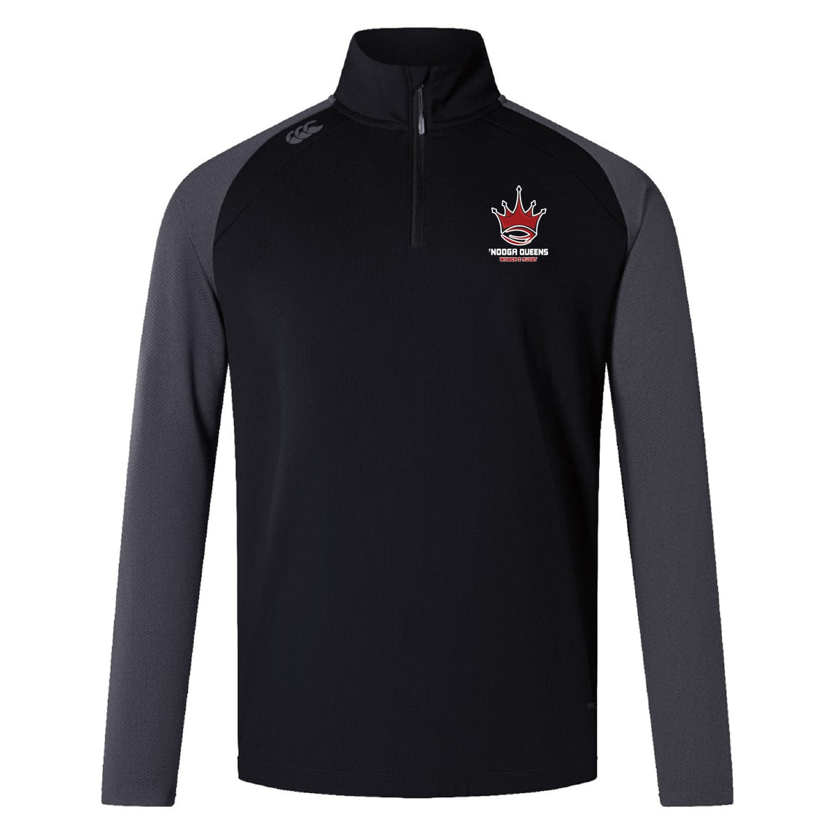 The Chattanooga Queens Rugby Elite First Layer by EMB Canterbury is a black and dark gray long-sleeve quarter-zip pullover with a red crown logo and "MODERN QUEENS" on the left chest, inspired by elite rugby training wear.