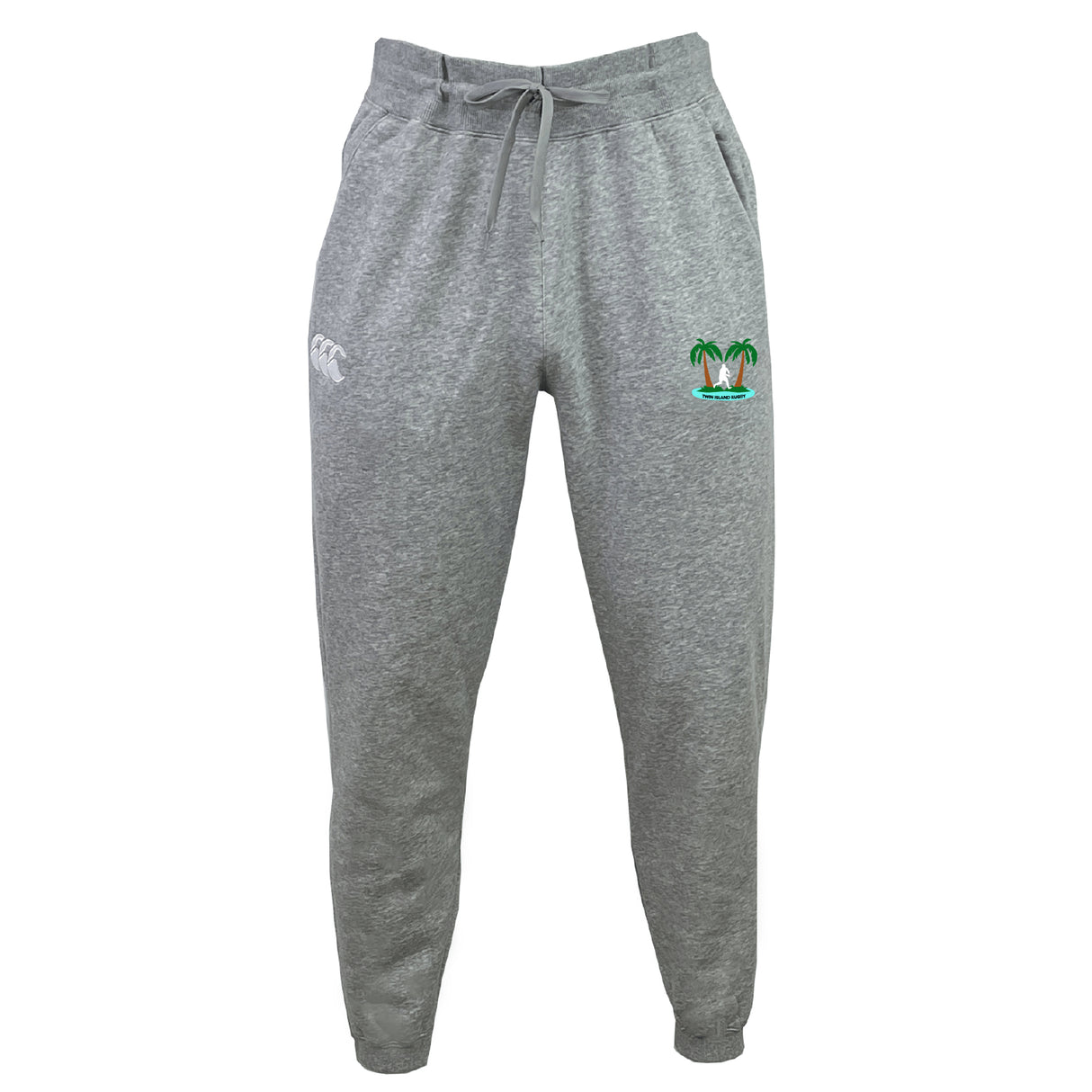 The Twin Island Rugby Leisure Sweatpant by EMB Canterbury is a light grey sweatpant made from sustainable fleece, with a drawstring waist, white logo on the left thigh, and a palm tree graphic on the right thigh.
