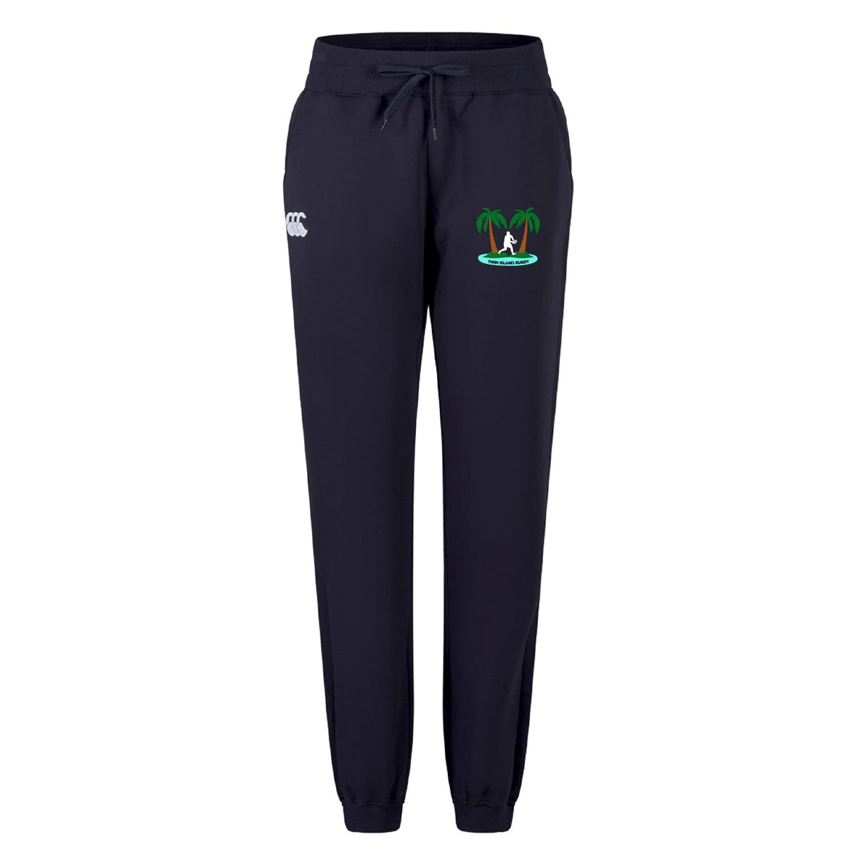 The EMB Canterbury Twin Island Rugby Women's Leisure Sweatpant features navy blue organic cotton, a drawstring waist, a white logo on the left thigh, and a small surfer graphic with palm trees on the right thigh.