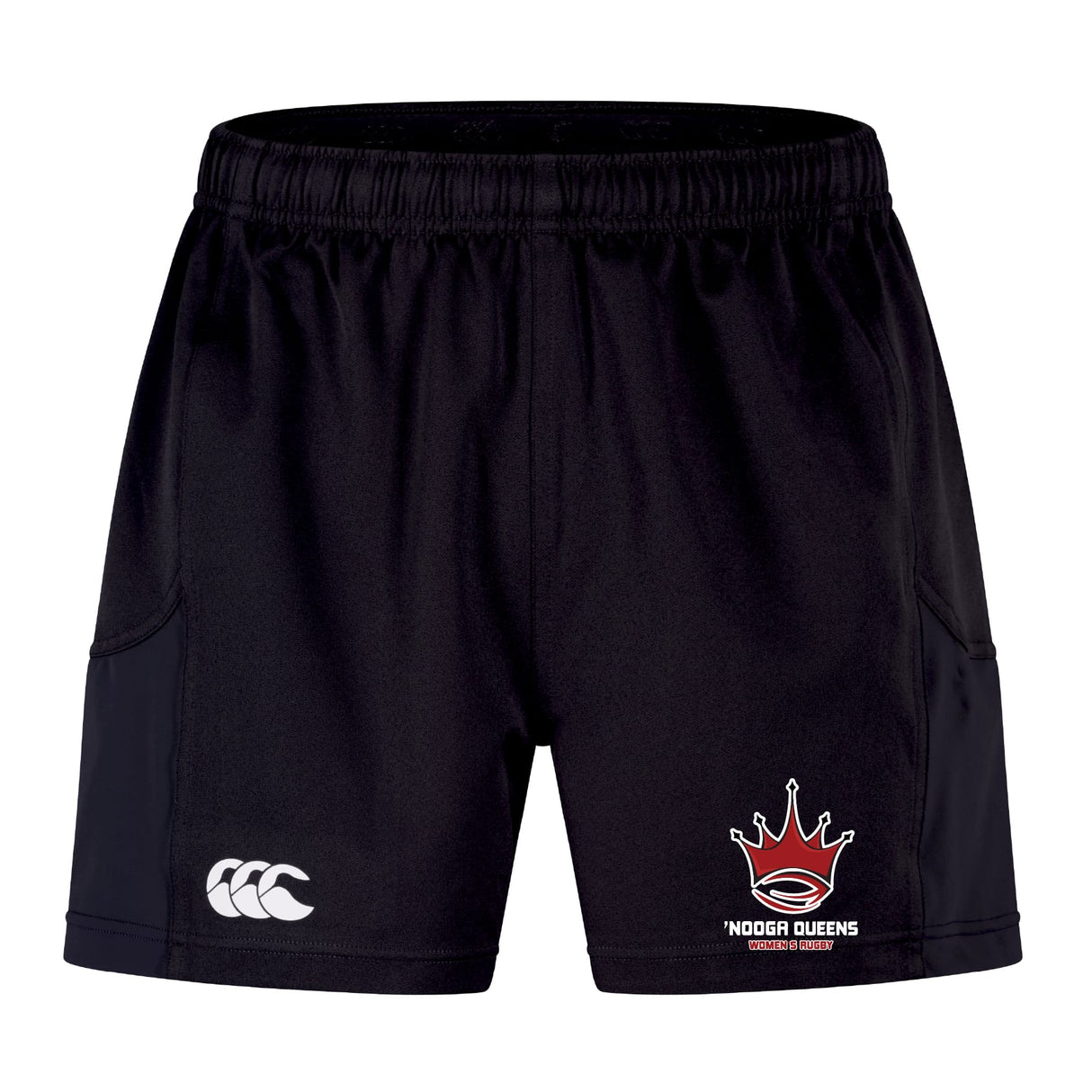 Black EMB Canterbury Chattanooga Queens Rugby Advantage Short 2.0 with a white Canterbury logo on the left leg and a "NOGOR QUEENS" crown emblem on the right leg.