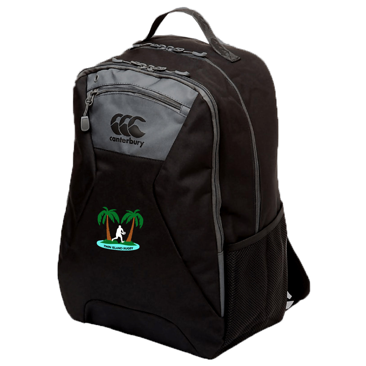 The EMB Canterbury Twin Island Rugby Medium Backpack is black with gray accents, water repellent, and features a front zipper pocket, mesh side pocket, and a "Toms River Rugby" palm tree logo.