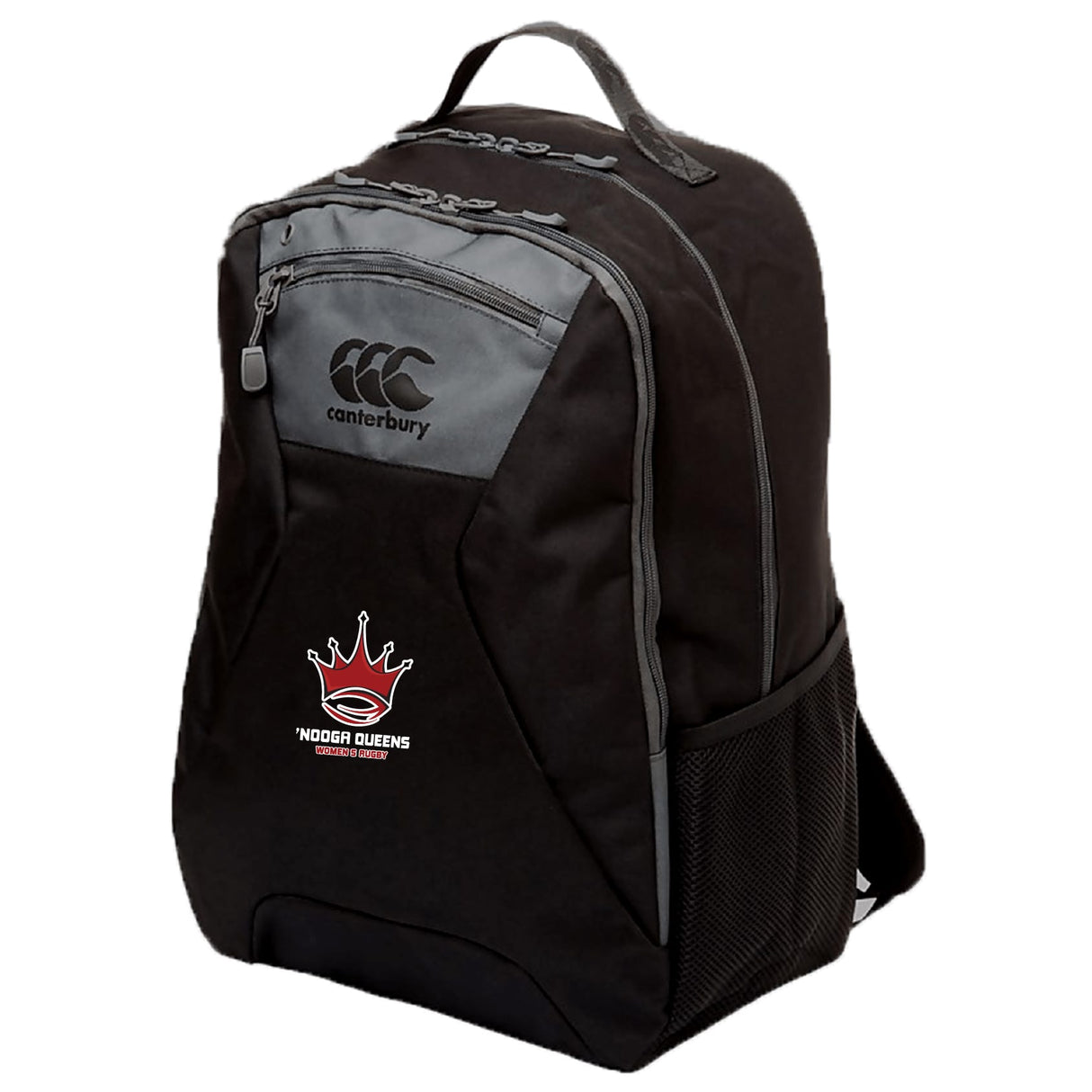 The Chattanooga Queens Rugby Medium Backpack by EMB Canterbury features grey accents, a side mesh pocket, crowned "Rugger Queens" logo on the front pocket, and a padded laptop compartment for protection.