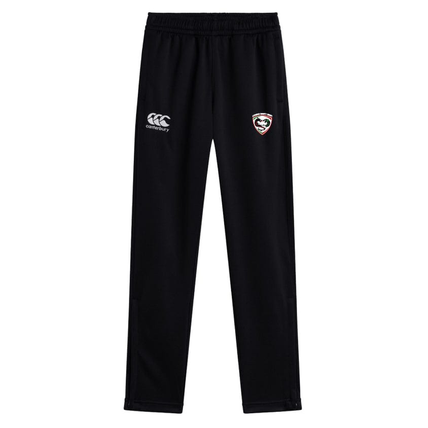 Loudoun Stretch Tapered Pant by EMB Canterbury, featuring an elastic waistband, includes logos on both the left and right thighs.