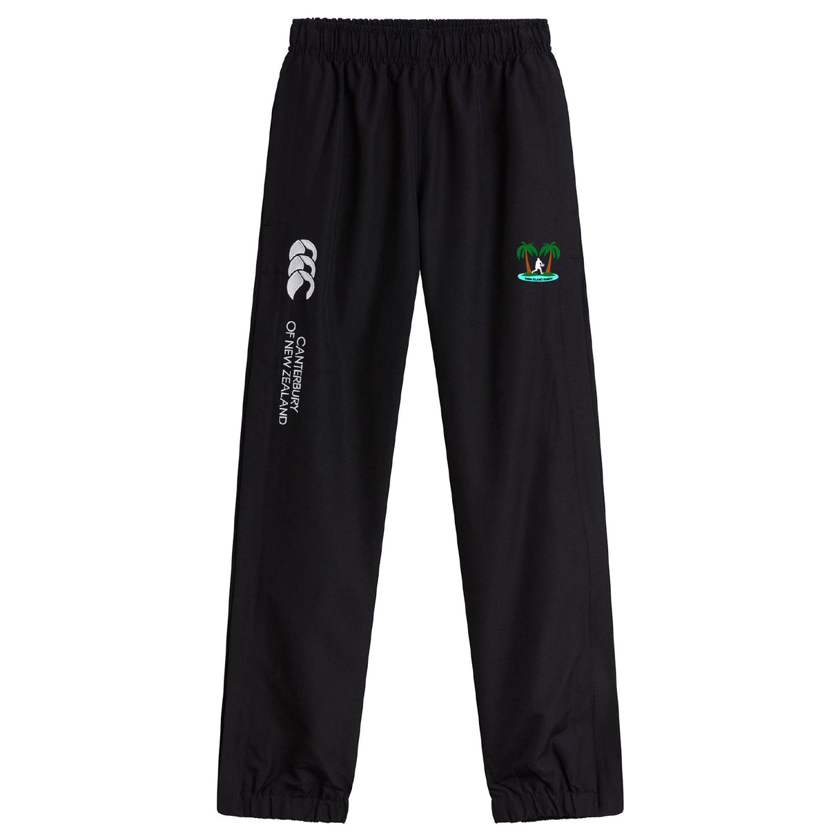The EMB Canterbury Twin Island Rugby Cuffed Hem Stadium Pant features an elastic waistband, cuffed hem, white logo, and colorful palm tree embroidery—ideal for sporty style and rugby comfort.
