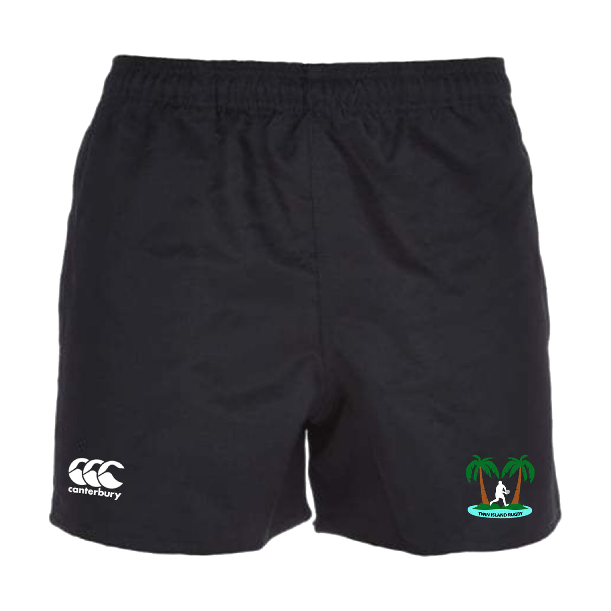 The Twin Island Rugby Professional Polyester Rugby Short by EMB Canterbury features an elastic waistband, Canterbury logo on the left leg, and a palm tree logo with text on the right—perfect for athletic performance.