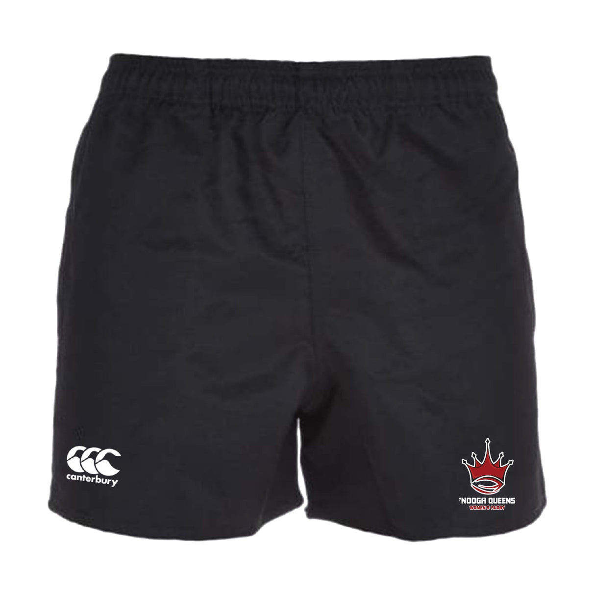 The Chattanooga Queens Rugby Professional Polyester Rugby Shorts by EMB Canterbury feature a white logo on the left leg and a red crown with "NOOSA QUEENS" on the right—durable and perfect for training or matches.