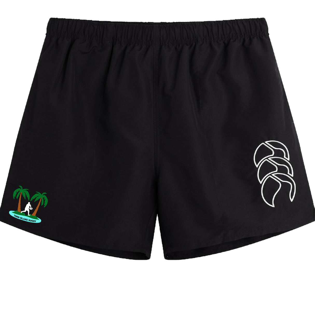 The Twin Island Rugby Tactic Short by EMB Canterbury features black swim trunks with an elastic waistband, a white abstract logo on the right leg, and a palm tree with surfer graphic on the left—perfect as gym or casual shorts.