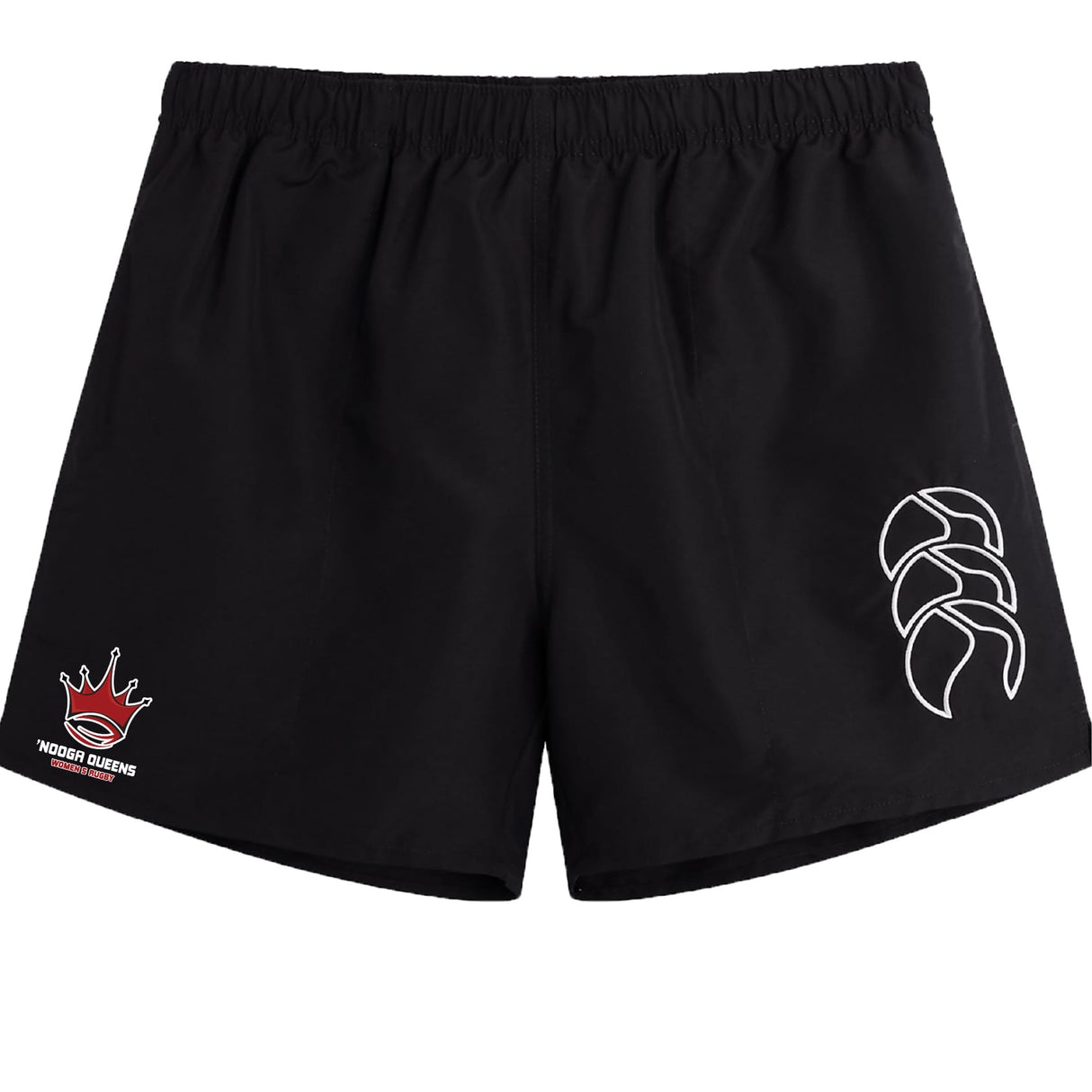 The Chattanooga Queens Rugby Tactic Short by EMB Canterbury is a pair of black men's gym shorts with a crown and basketball logo on the left leg and a white abstract design on the right.