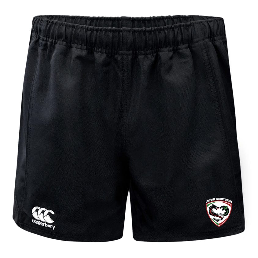 The black sports shorts have an elastic waistband and showcase both the Leicester Tigers logo and the EMB Canterbury brand logo. The Loudoun Advantage Short 2.0 by Canterbury design ensures sustainable performance, emphasizing recycled content for an eco-friendly appeal.