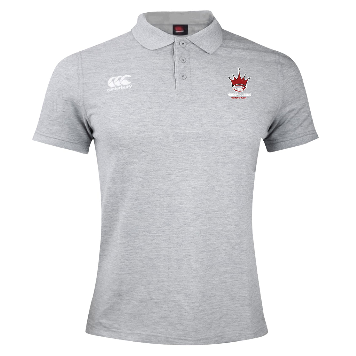 The Chattanooga Queens Rugby Waimak Polo by EMB Canterbury is a light grey, short-sleeved collared polo with a white Canterbury logo and red and black embroidered chest emblem—ideal for rugby fans.