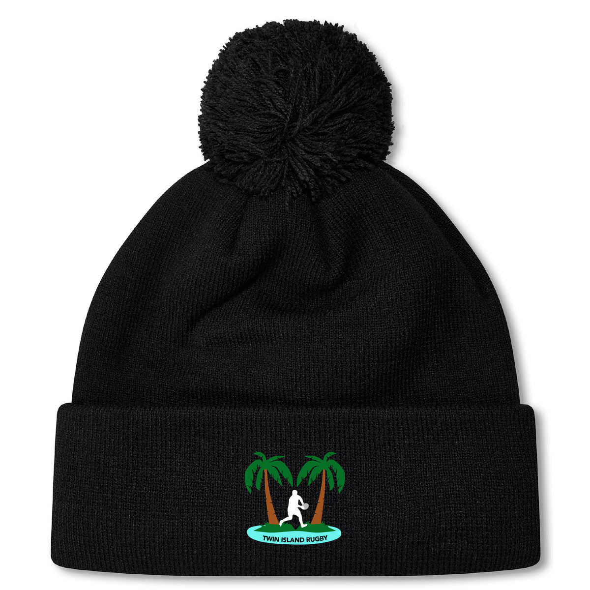 Stay warm in the Twin Island Rugby Pom Pom Beanie by EMB Canterbury. This black knit, fleece-lined beanie features a pom-pom, embroidered rugby player between two palm trees, and "TWIN ISLAND RUGBY" text.