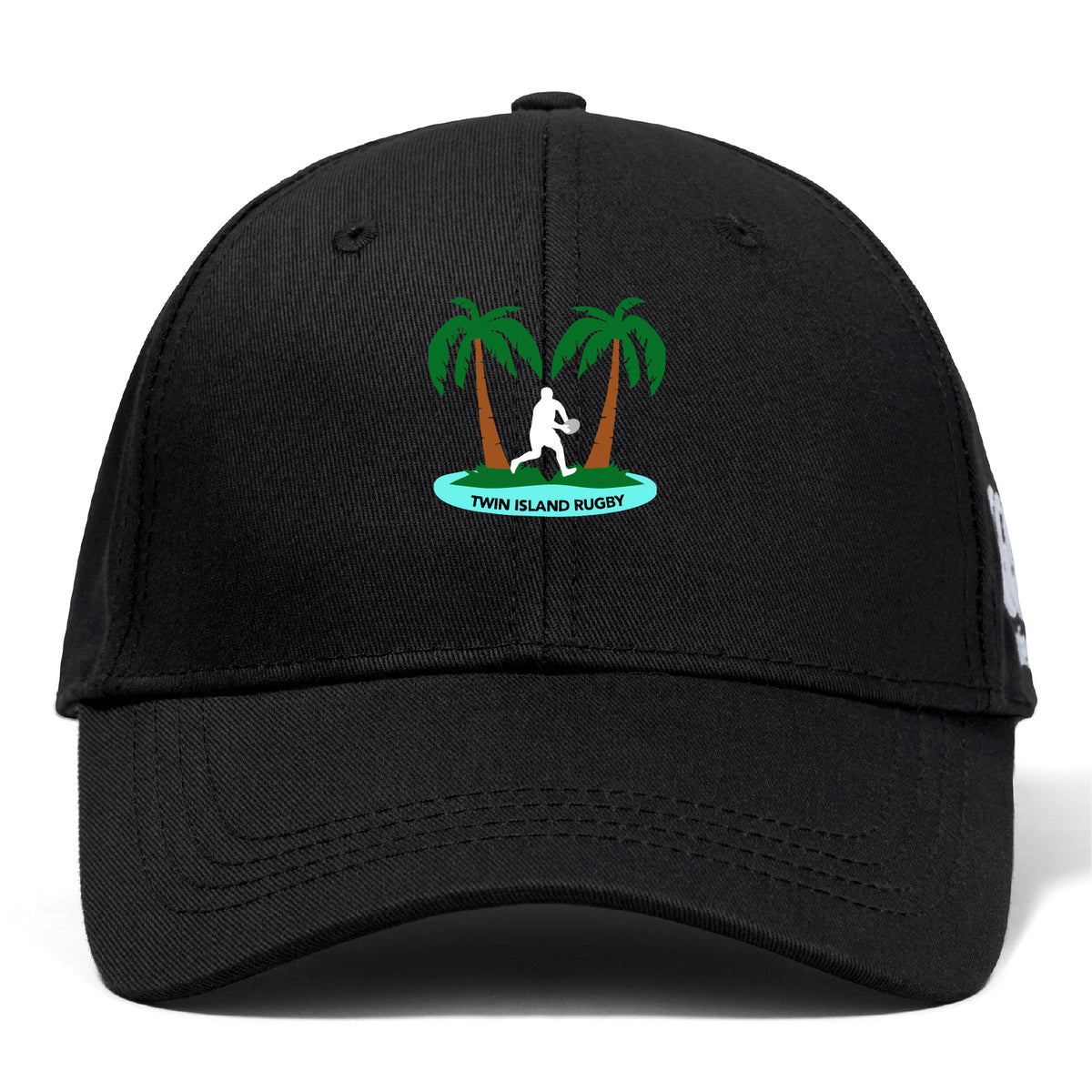 The Twin Island Rugby Flexfit Drill Cap by EMB Canterbury features a black curved brim, embroidered two palm trees, rugby player silhouette, and "Twin Island Rugby" text on the front for comfort and style.