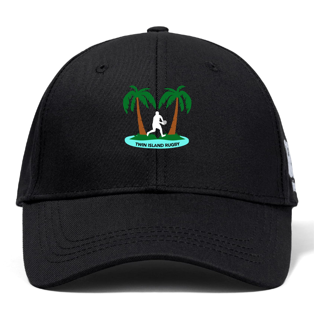 The Twin Island Rugby Flexfit Drill Cap by EMB Canterbury features a black curved brim, embroidered two palm trees, rugby player silhouette, and "Twin Island Rugby" text on the front for comfort and style.