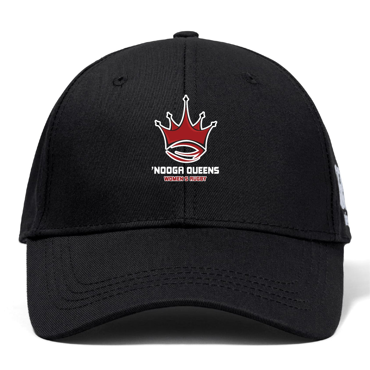 The Chattanooga Queens Rugby Flexfit Drill Cap by EMB Canterbury is a black cap with a curved brim, featuring a red and white embroidered crown logo above "'NOOGA QUEENS WOMEN'S RUGBY" on the front.