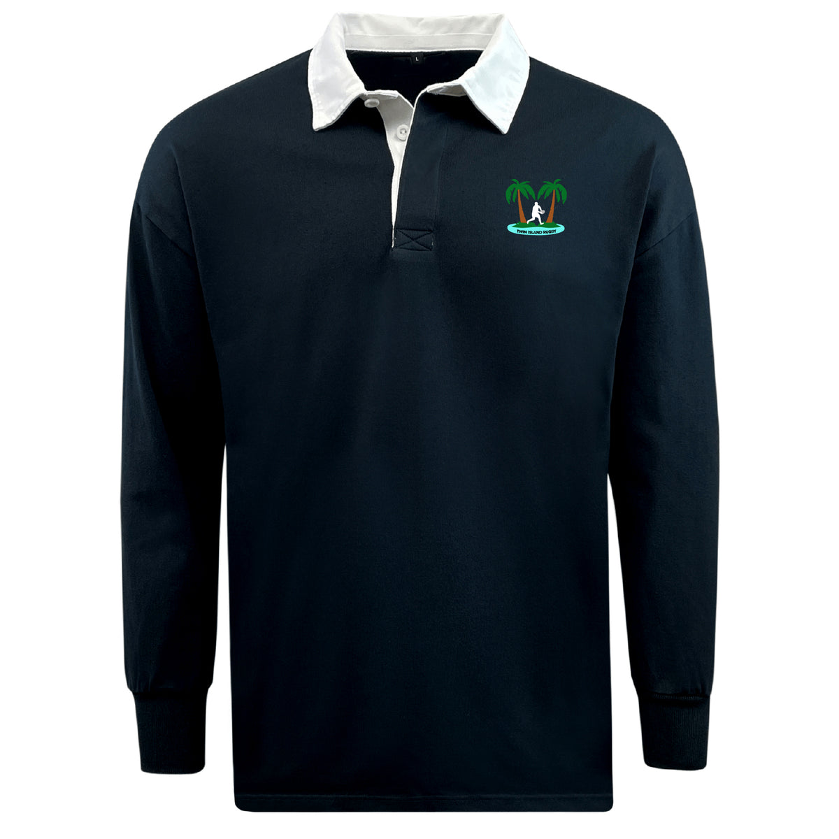 The EMB Mudoo Twin Island Rugby Classic Long Sleeve Solid Jersey features a white collar, black cotton-poly blend fabric, and an embroidered lounging figure under palm trees on the left chest.