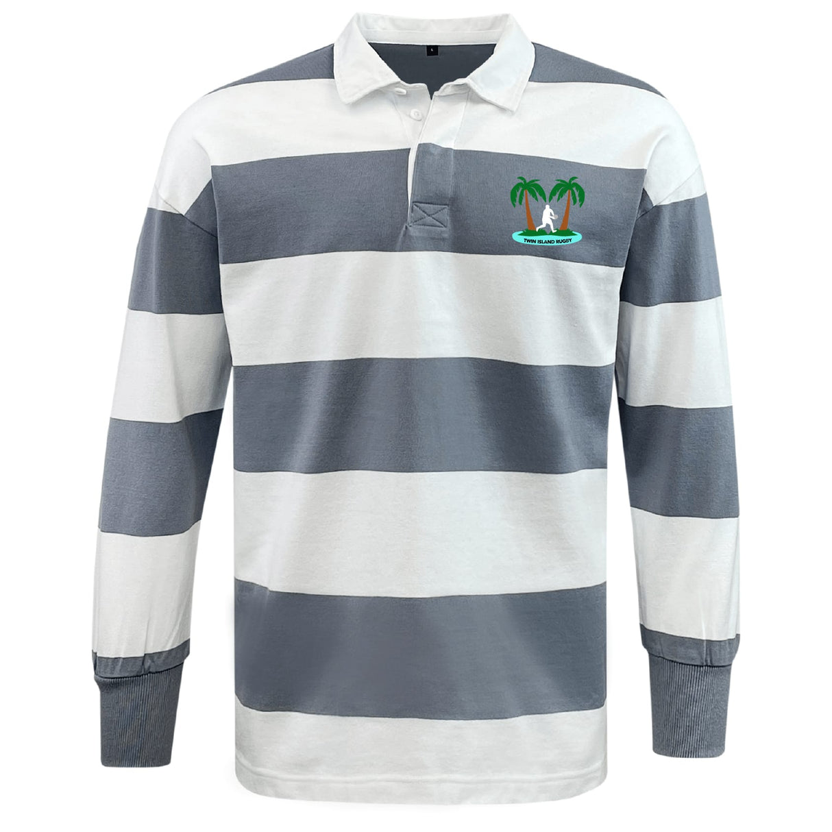 The EMB Mudoo Twin Island Rugby Classic Long Sleeve Hooped Rugby Jersey features wide gray and white stripes and an embroidered palm tree logo on the left chest.