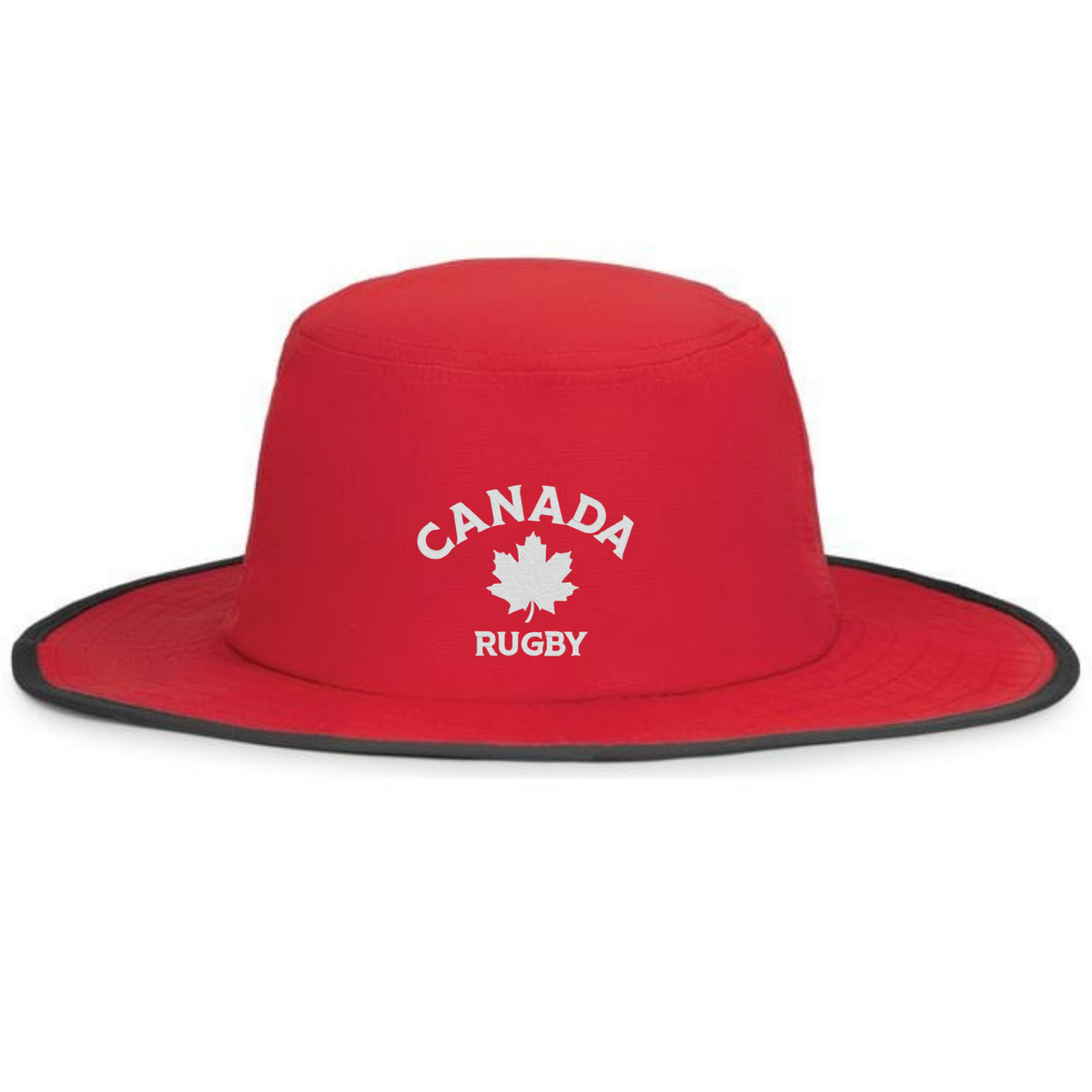 The EMB Augusta Nations of Rugby Canada Rugby Perforated Boonie Cap is a red, wide-brim hat with black trim, "CANADA RUGBY" text, and a white maple leaf emblem on the front—ideal for any rugby supporter.