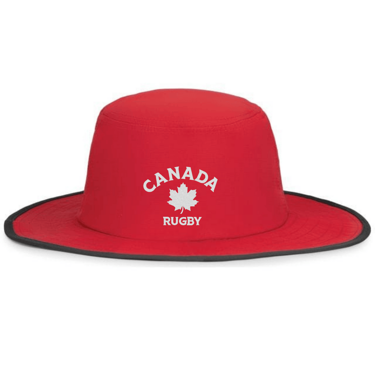 The EMB Augusta Nations of Rugby Canada Rugby Perforated Boonie Cap is a red, wide-brim hat with black trim, "CANADA RUGBY" text, and a white maple leaf emblem on the front—ideal for any rugby supporter.