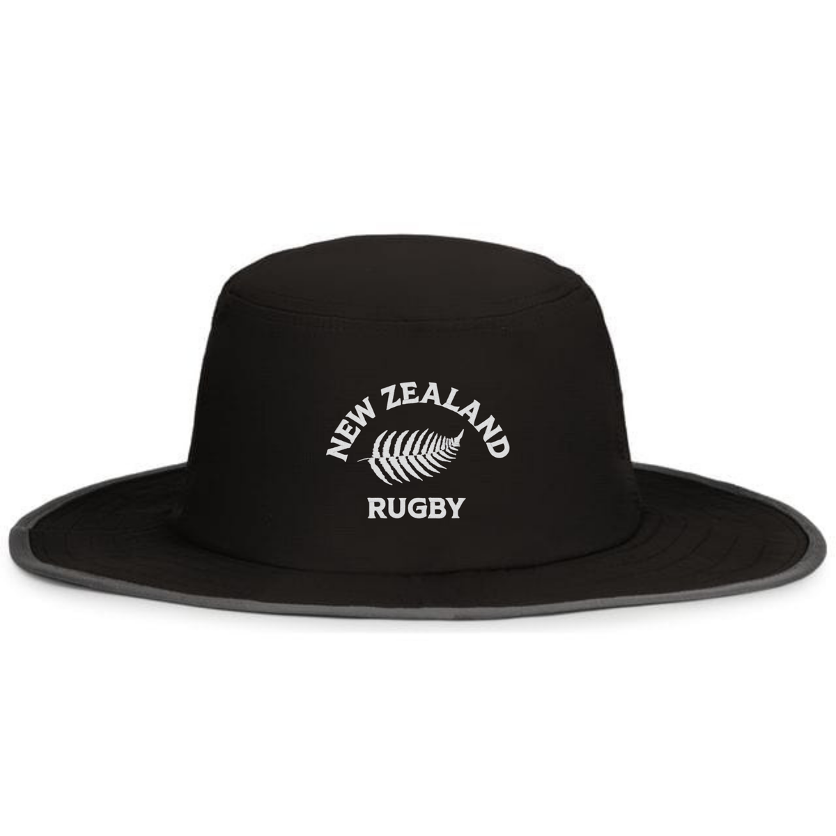 The EMB Augusta Nations of Rugby New Zealand Rugby Legend Boonie Cap is a black wide-brim hat with "NEW ZEALAND RUGBY" and a white fern logo—must-have supporter gear for any New Zealand rugby hat collection.