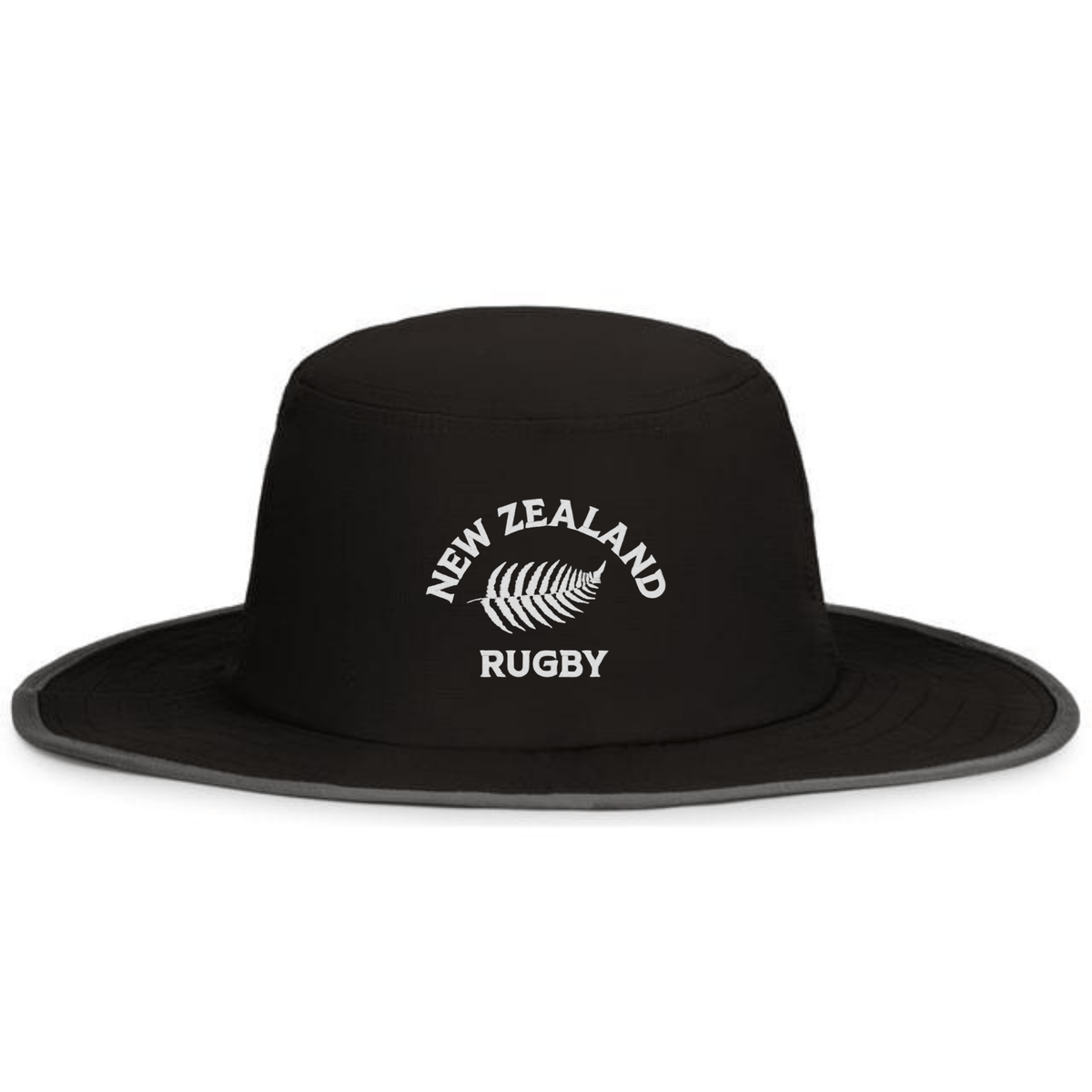 The EMB Augusta Nations of Rugby New Zealand Rugby Legend Boonie Cap is a black wide-brim hat with "NEW ZEALAND RUGBY" and a white fern logo—must-have supporter gear for any New Zealand rugby hat collection.