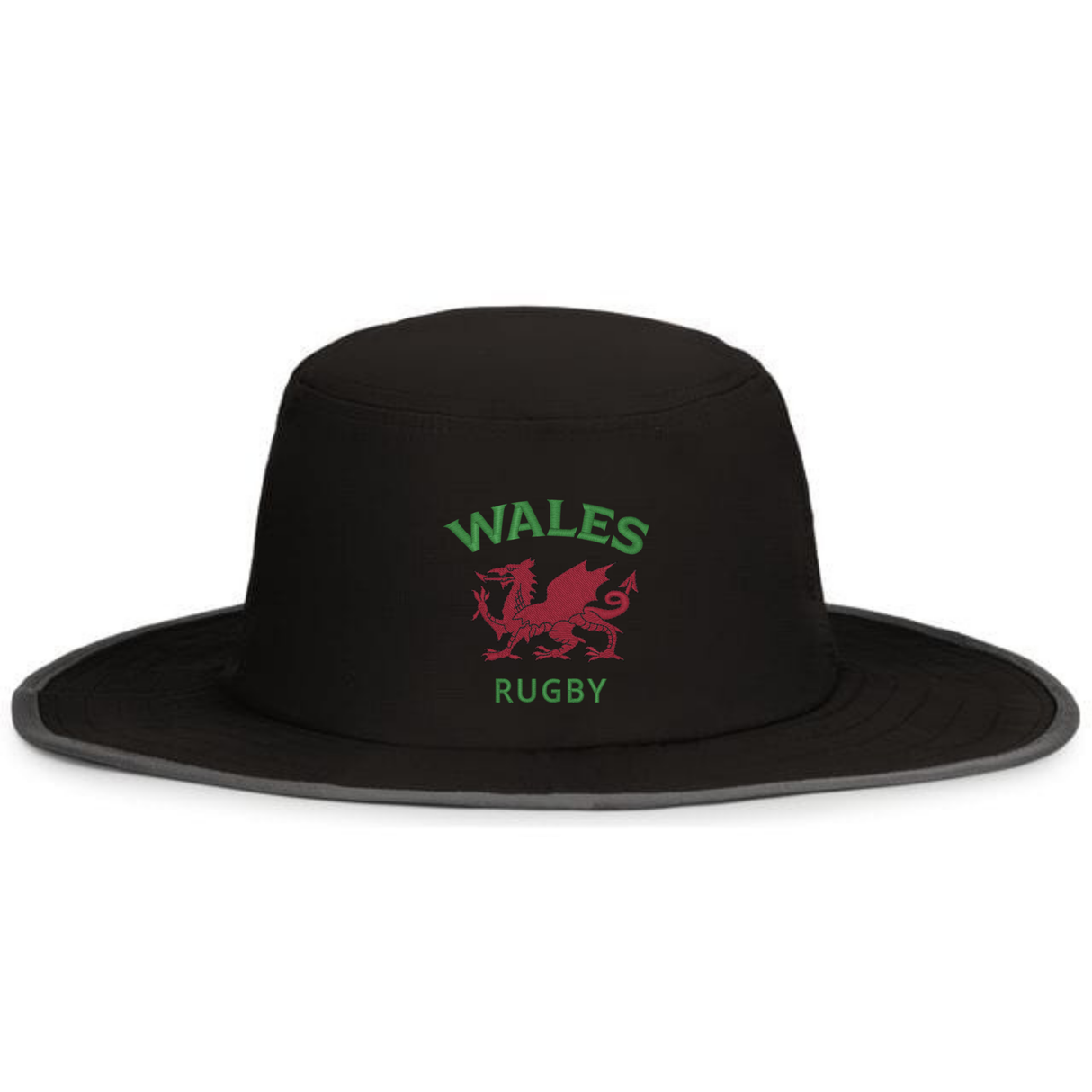 The EMB Augusta Nations of Rugby Wales Rugby Legend Boonie Cap features a black wide brim, red Welsh dragon, and "WALES RUGBY" in green—perfect supporter gear for any rugby fan.