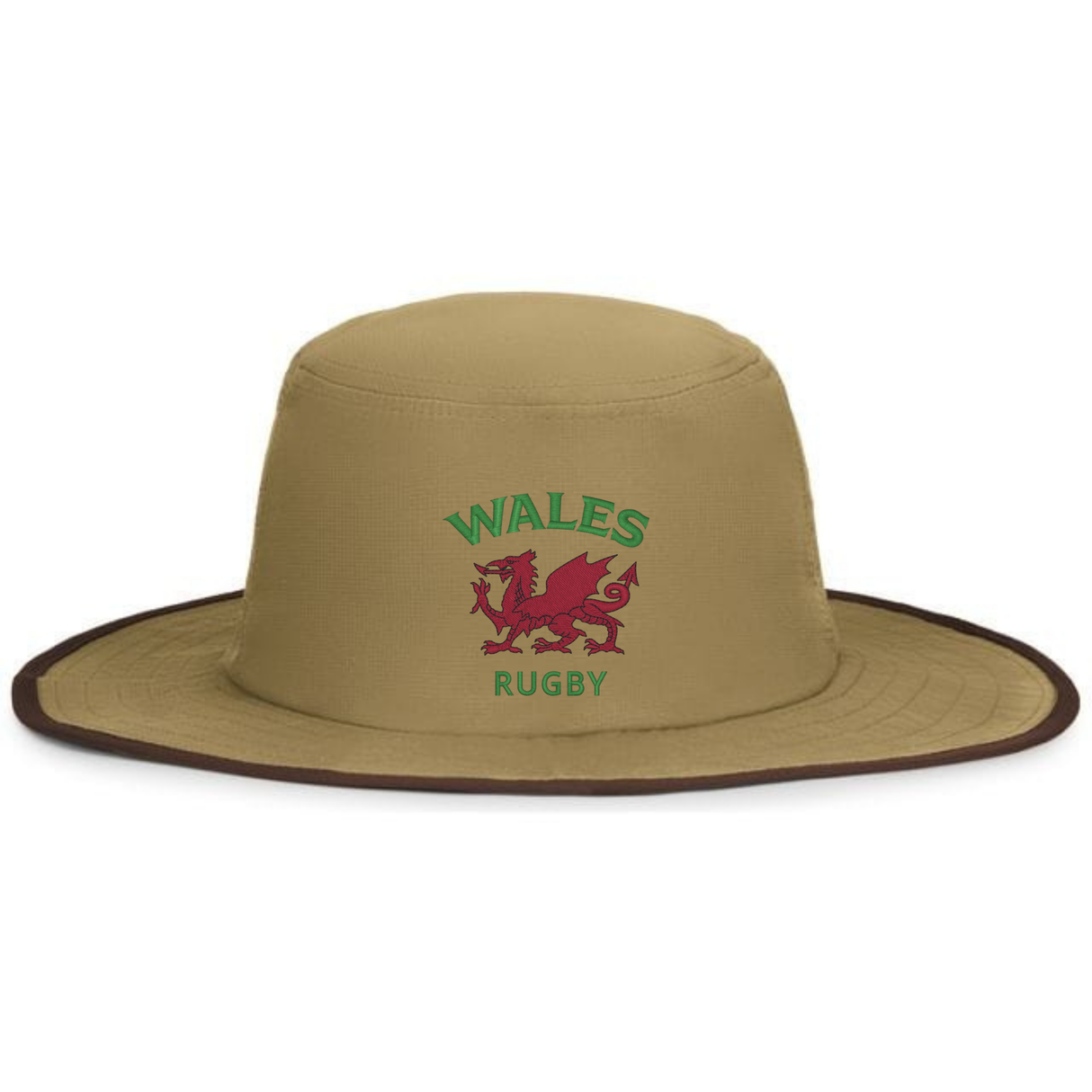 The EMB Augusta Nations of Rugby Wales Rugby Legend Boonie Cap is a khaki wide-brim hat with a red Welsh dragon and “Wales Rugby” in green—an essential for any rugby supporter’s collection.