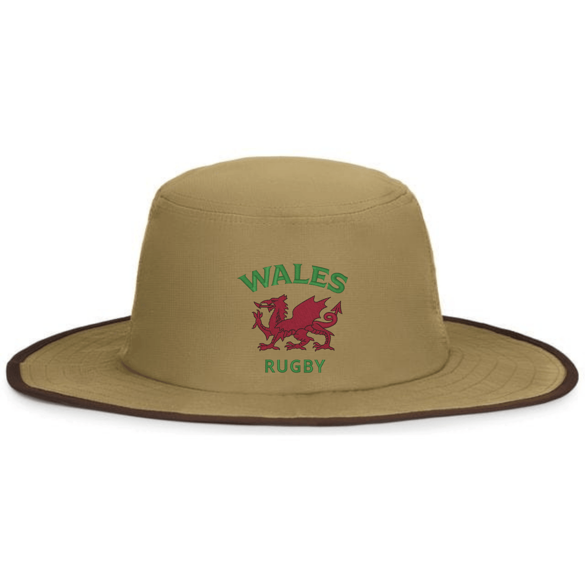 The EMB Augusta Nations of Rugby Wales Rugby Legend Boonie Cap is a khaki wide-brim hat with a red Welsh dragon and “Wales Rugby” in green—an essential for any rugby supporter’s collection.