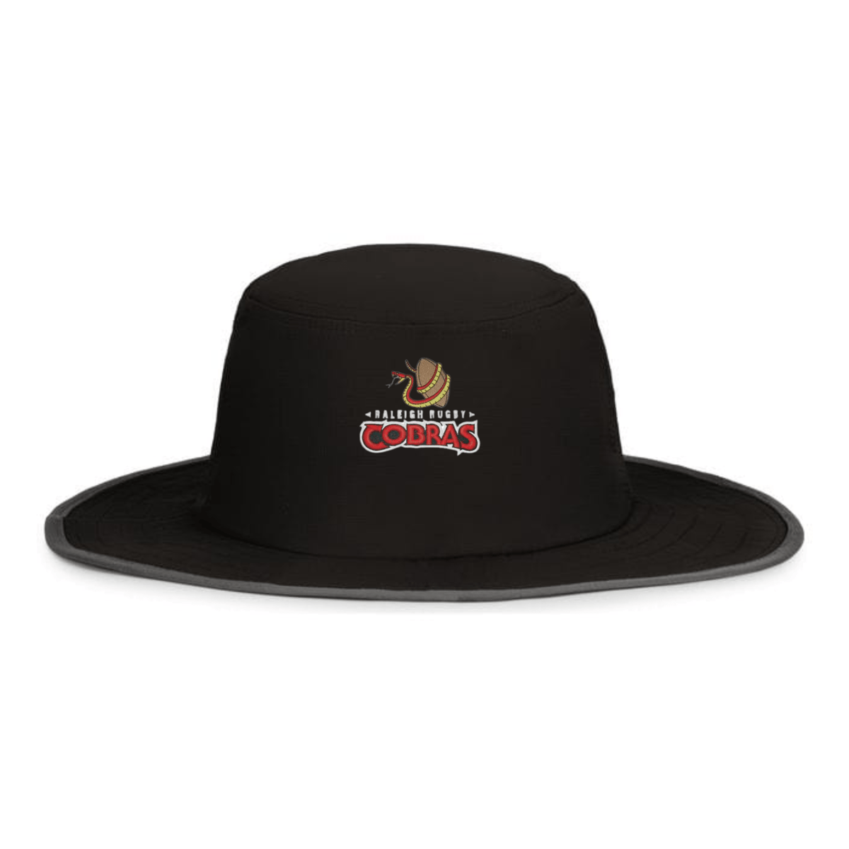 The Raleigh Cobras Rugby Perforated Legend Boonie Hat by EMB Augusta features an expertly embroidered cobra and rugby ball logo on the front. Made to order for fans and players.