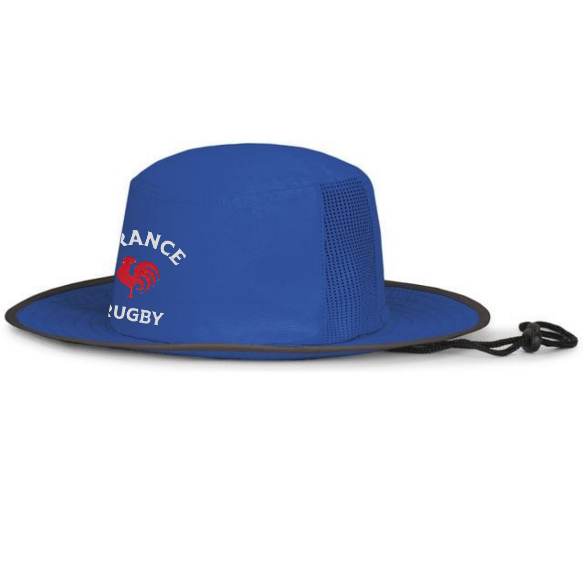 The EMB Augusta Nations of Rugby France Rugby Legend Boonie Cap is a blue wide-brim hat with mesh side panels, chin strap, and "FRANCE RUGBY" with a red rooster—ideal for rugby fans seeking breathability and style.