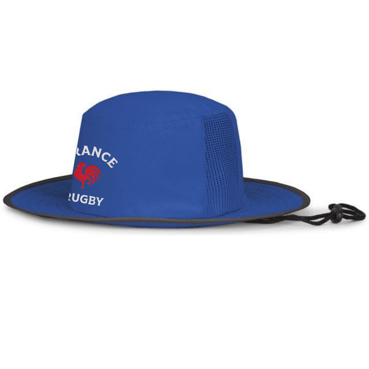 The EMB Augusta Nations of Rugby France Rugby Legend Boonie Cap is a blue wide-brim hat with mesh side panels, chin strap, and "FRANCE RUGBY" with a red rooster—ideal for rugby fans seeking breathability and style.
