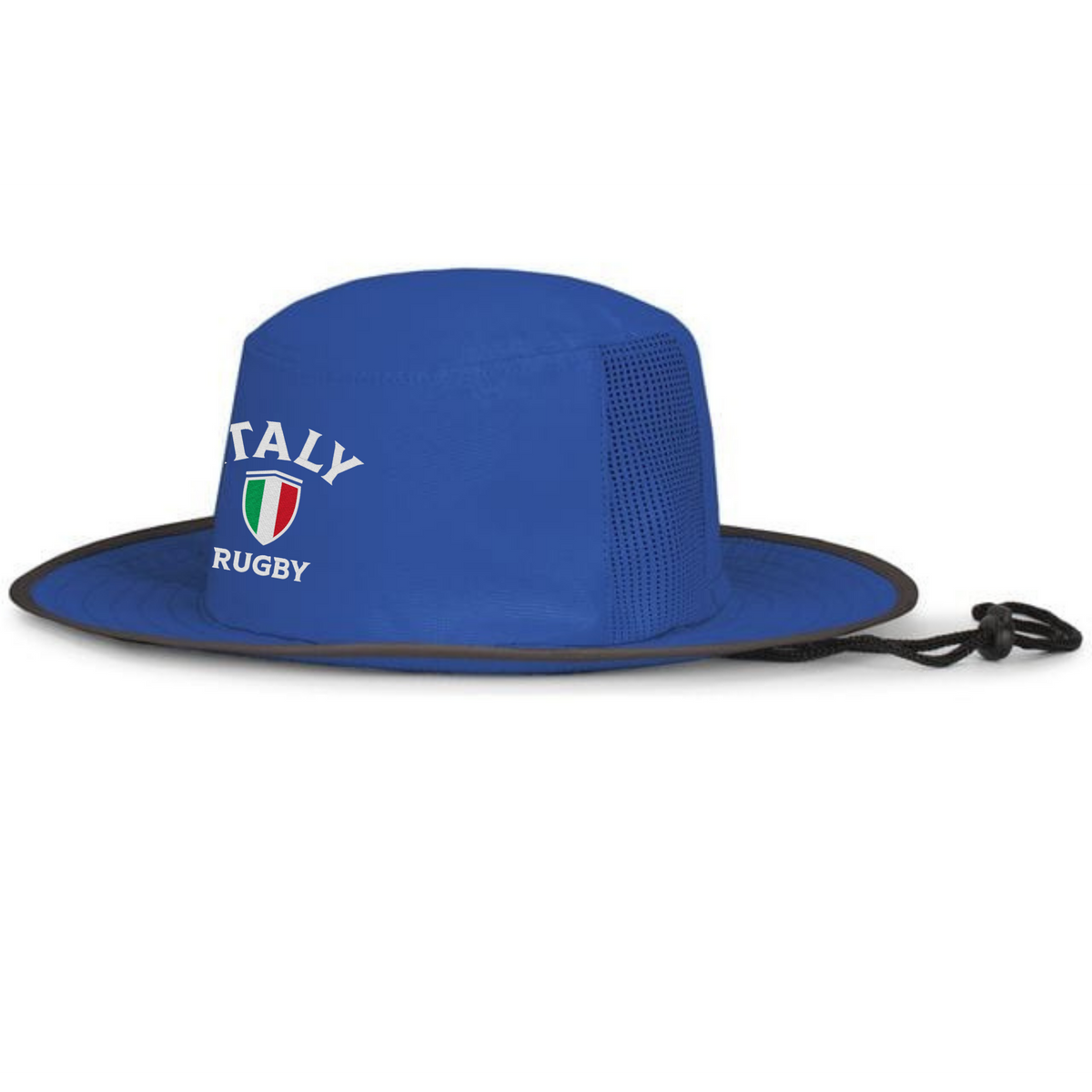 The EMB Augusta Nations of Rugby Italy Rugby Legend Boonie Cap features mesh side panels, a chin strap, and "ITALY RUGBY" with a shield logo—ideal headwear for sunny match days.