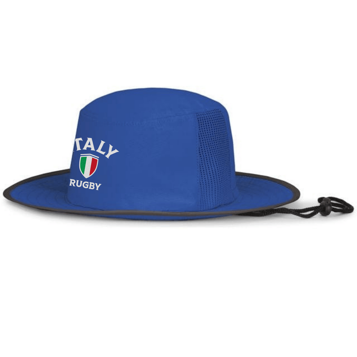 The EMB Augusta Nations of Rugby Italy Rugby Legend Boonie Cap features mesh side panels, a chin strap, and "ITALY RUGBY" with a shield logo—ideal headwear for sunny match days.