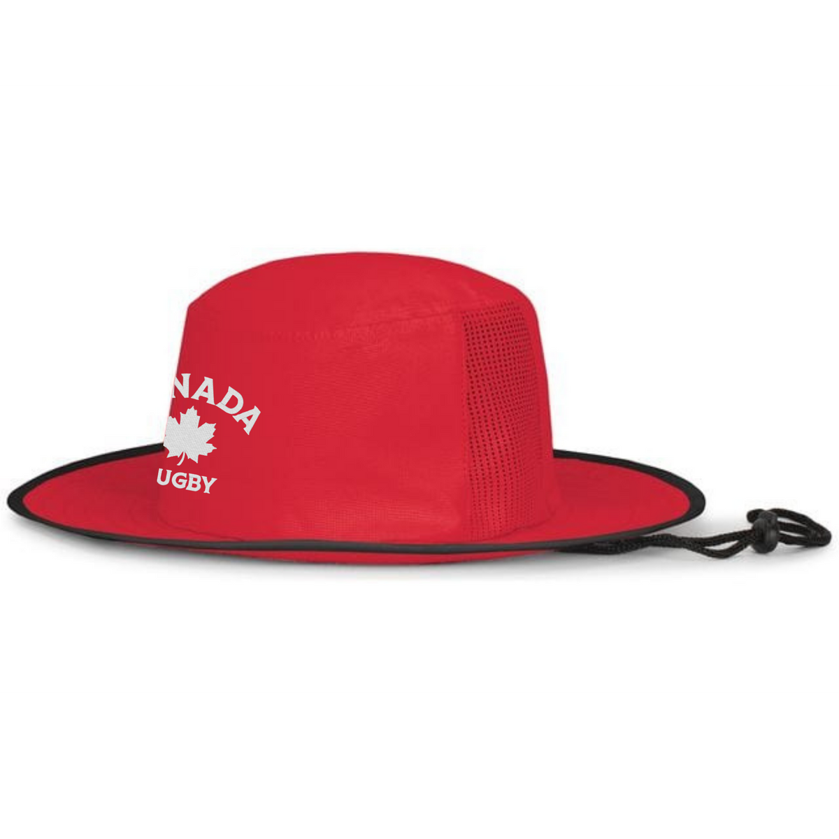 The EMB Augusta Nations of Rugby Canada Rugby Perforated Boonie Cap features a red wide brim, black trim, chin cord, mesh ventilation, and "Canada Rugby" with a maple leaf on the side—perfect for rugby supporters.
