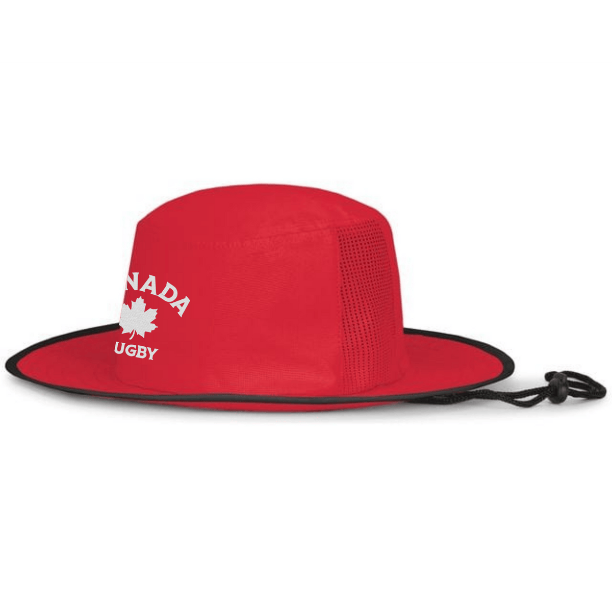 The EMB Augusta Nations of Rugby Canada Rugby Perforated Boonie Cap features a red wide brim, black trim, chin cord, mesh ventilation, and "Canada Rugby" with a maple leaf on the side—perfect for rugby supporters.