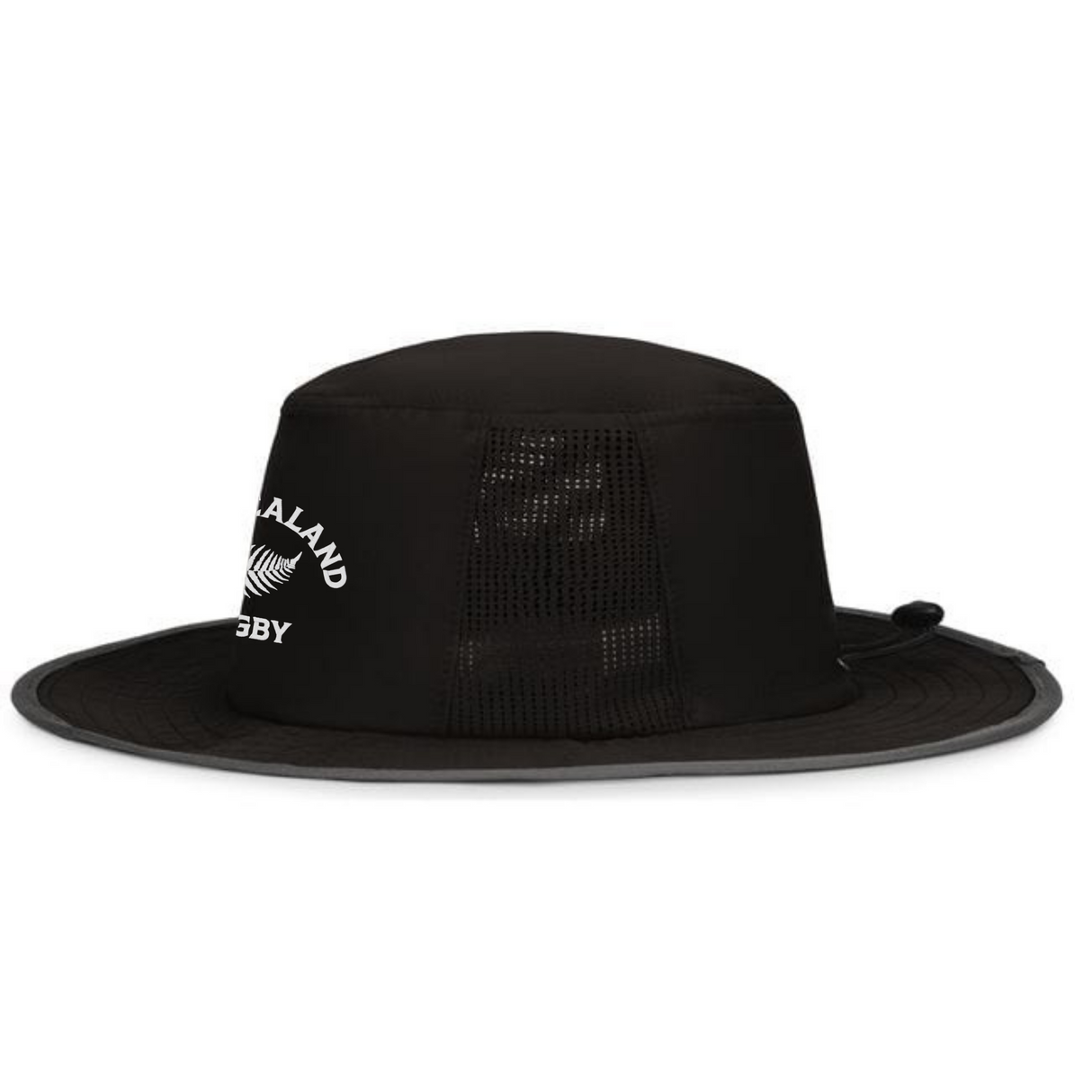 The EMB Augusta Nations of Rugby New Zealand Rugby Legend Boonie Cap features a black wide brim, mesh side panels, and "New Zealand Rugby" text with a fern logo—an essential cap for rugby supporters.