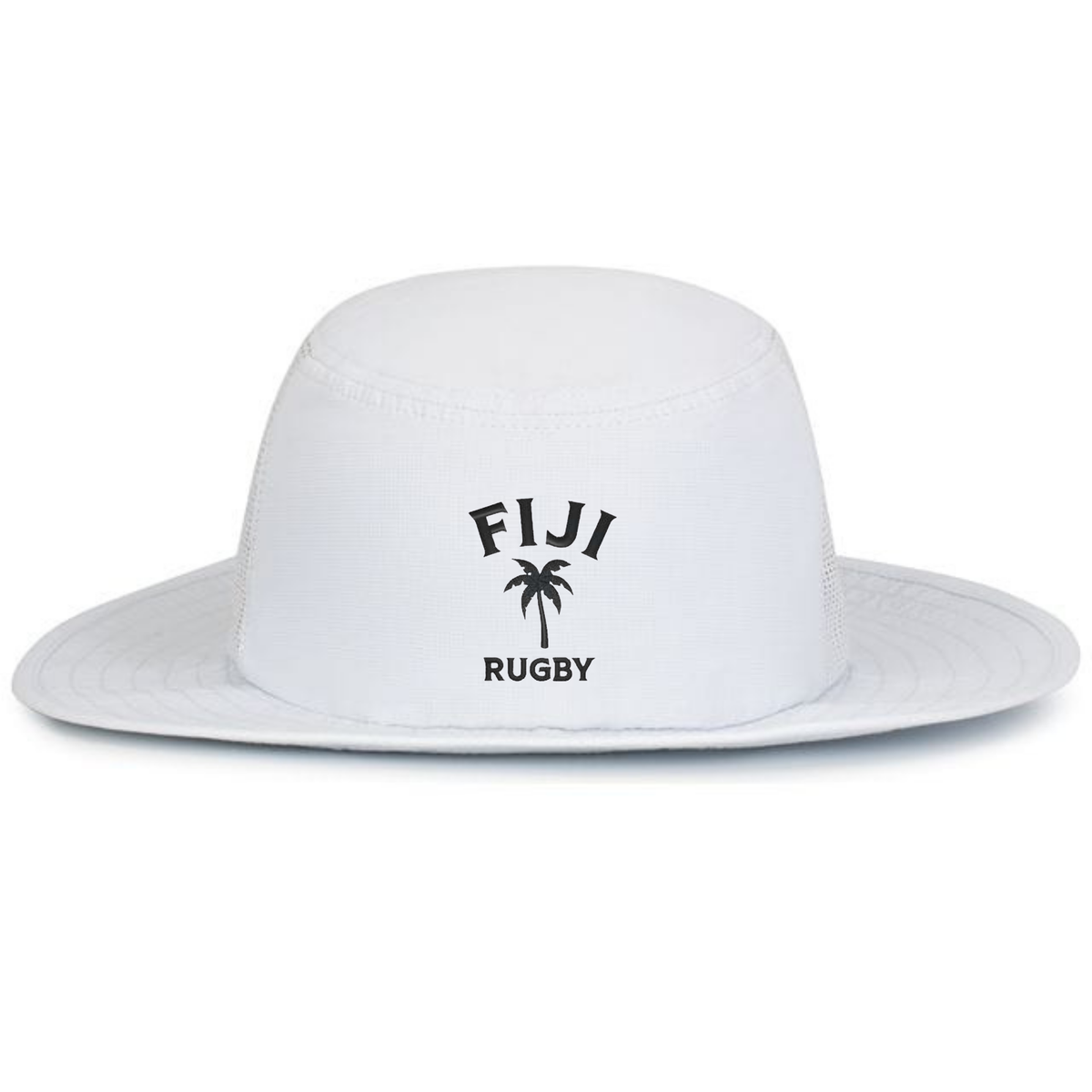 Show your team spirit with the EMB Augusta Nations of Rugby Fiji Rugby Legend Boonie Cap—a white wide-brim hat featuring “Fiji Rugby” and a black palm tree graphic. Perfect gear for sunny rugby match days.