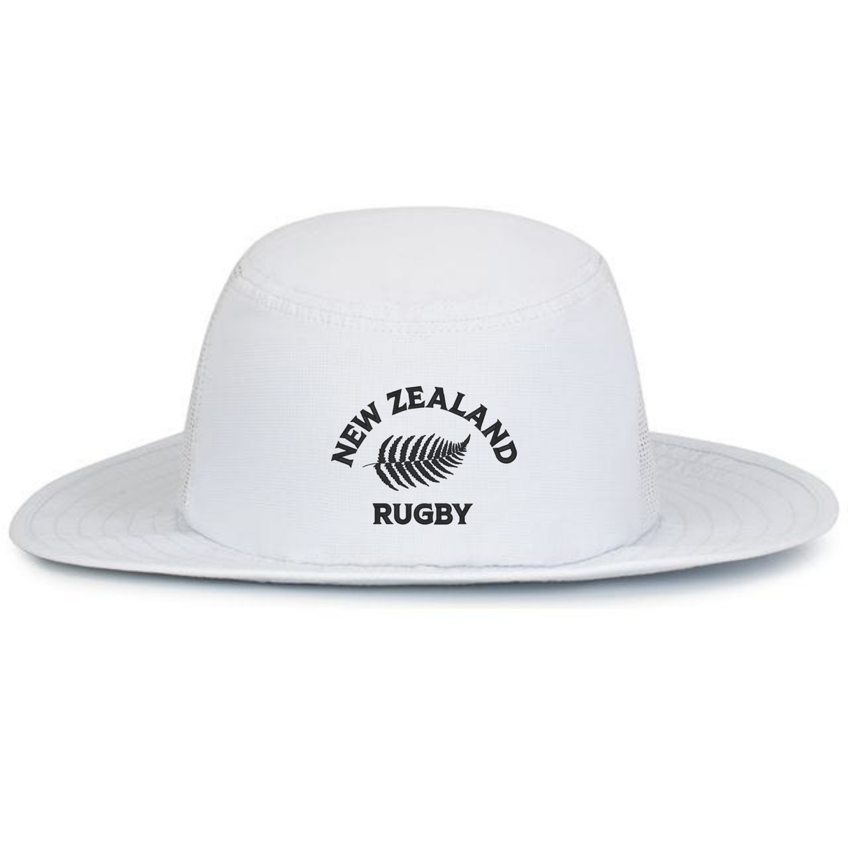 The EMB Augusta Nations of Rugby New Zealand Rugby Legend Boonie Cap features a white wide brim and "New Zealand Rugby" with fern graphic in black—an ideal hat for any rugby supporter’s collection.