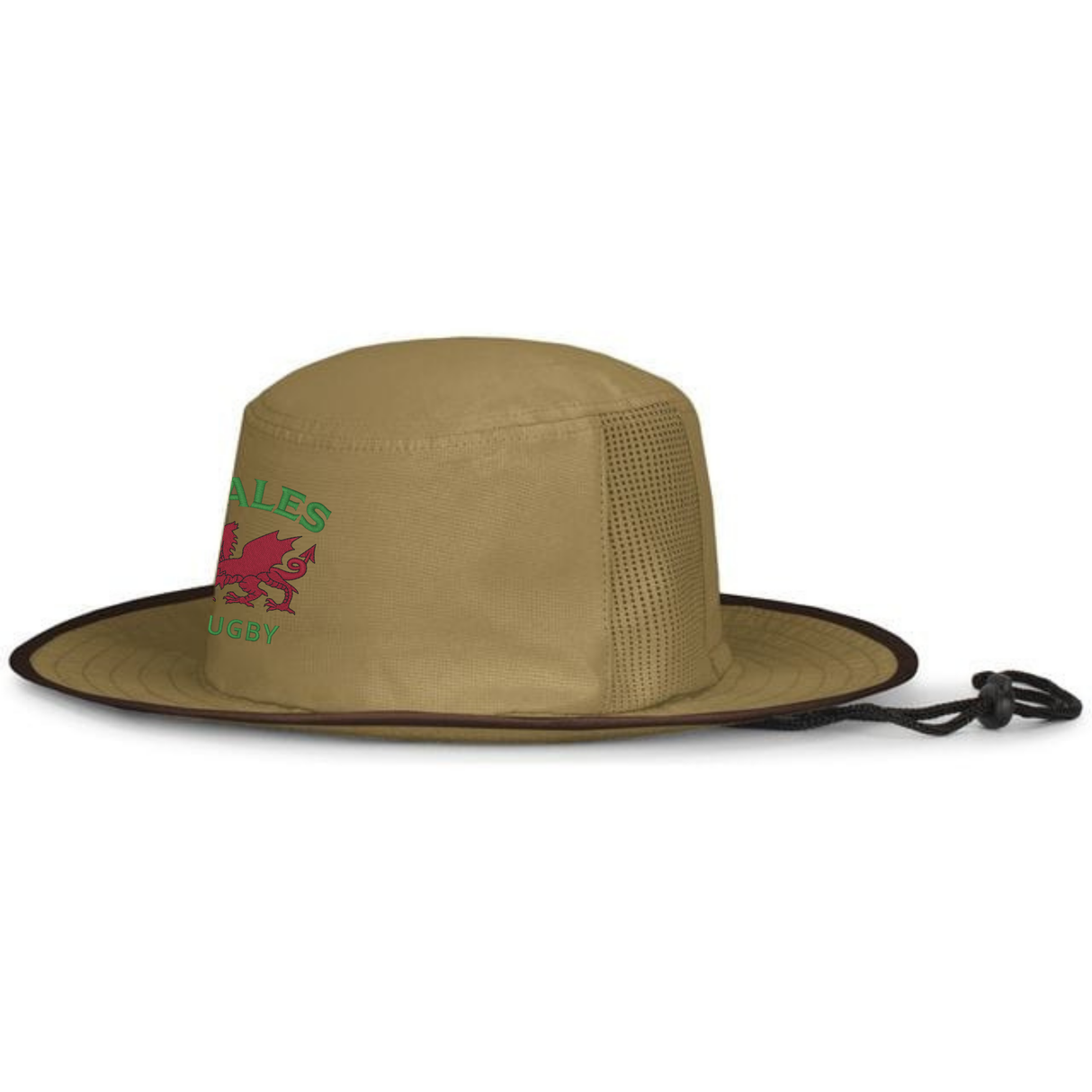 The EMB Augusta Nations of Rugby Wales Rugby Legend Boonie Cap features a khaki wide brim, mesh side panels, adjustable chin strap, and a red dragon with green "WALES RUGBY" text—an ideal hat for any Wales rugby fan.