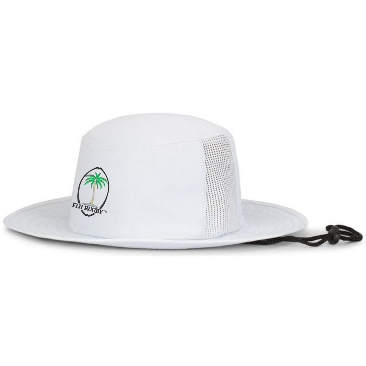 The EMB Augusta Fiji Rugby Throwback Perforated Boonie Hat features a white wide brim, mesh side panels, black chin strap, and a green palm tree with "Fiji Rugby" logo on the front for classic style and modern comfort.