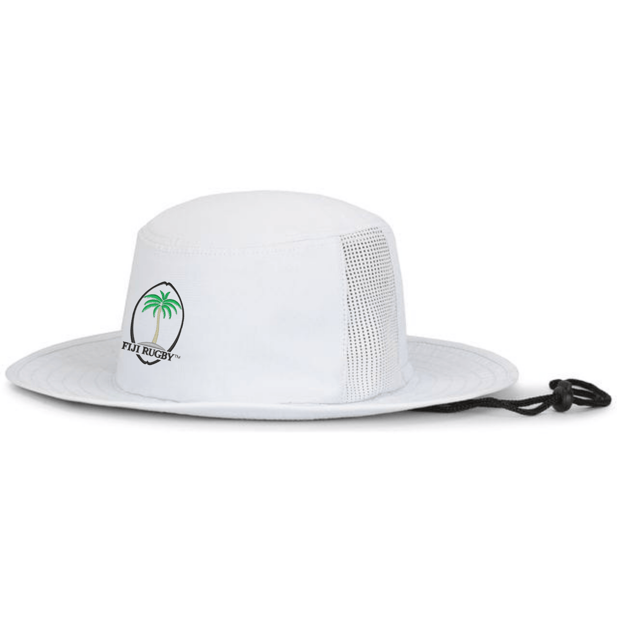 The EMB Augusta Fiji Rugby Throwback Perforated Boonie Hat features a white wide brim, mesh side panels, black chin strap, and a green palm tree with "Fiji Rugby" logo on the front for classic style and modern comfort.